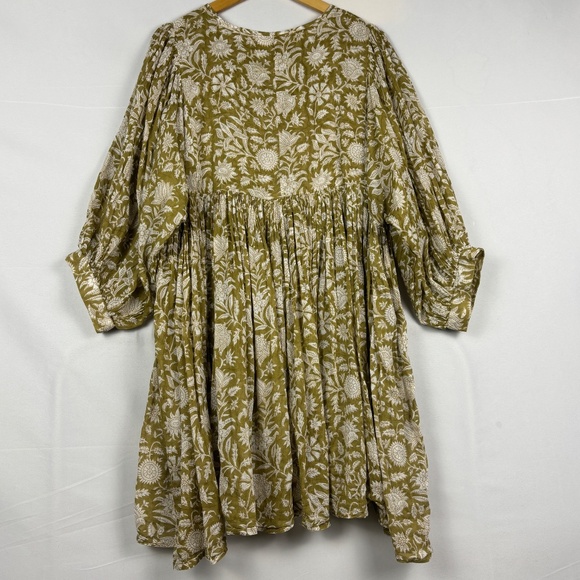 Daughters of India Women Kyra ¾ Sleeve Mini Dress Sz XL Olive Flowy Cotton Light - Picture 5 of 14